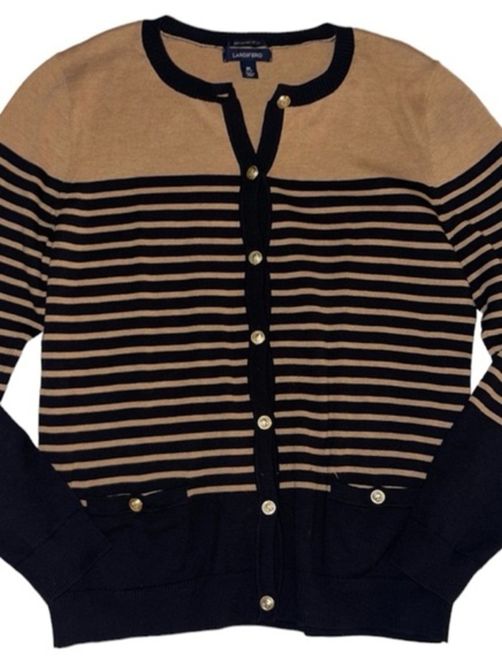 Lands' End Camel and Navy Striped Button-Front Cardigan